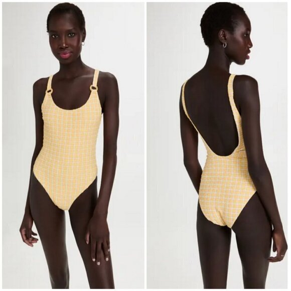 JONATHAN SIMKHAI Rosabel Seersucker One Piece Swimsuit Daffodil Plaid Large NWT - Picture 9 of 16
